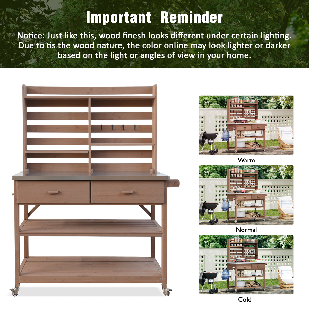 variant-group:rf-n707p228274z|Roomfitters 64.9" Outdoor Potting Bench Table, Rolling Kitchen Island with Hutch, Stainless Steel Top, Storage, Brown
