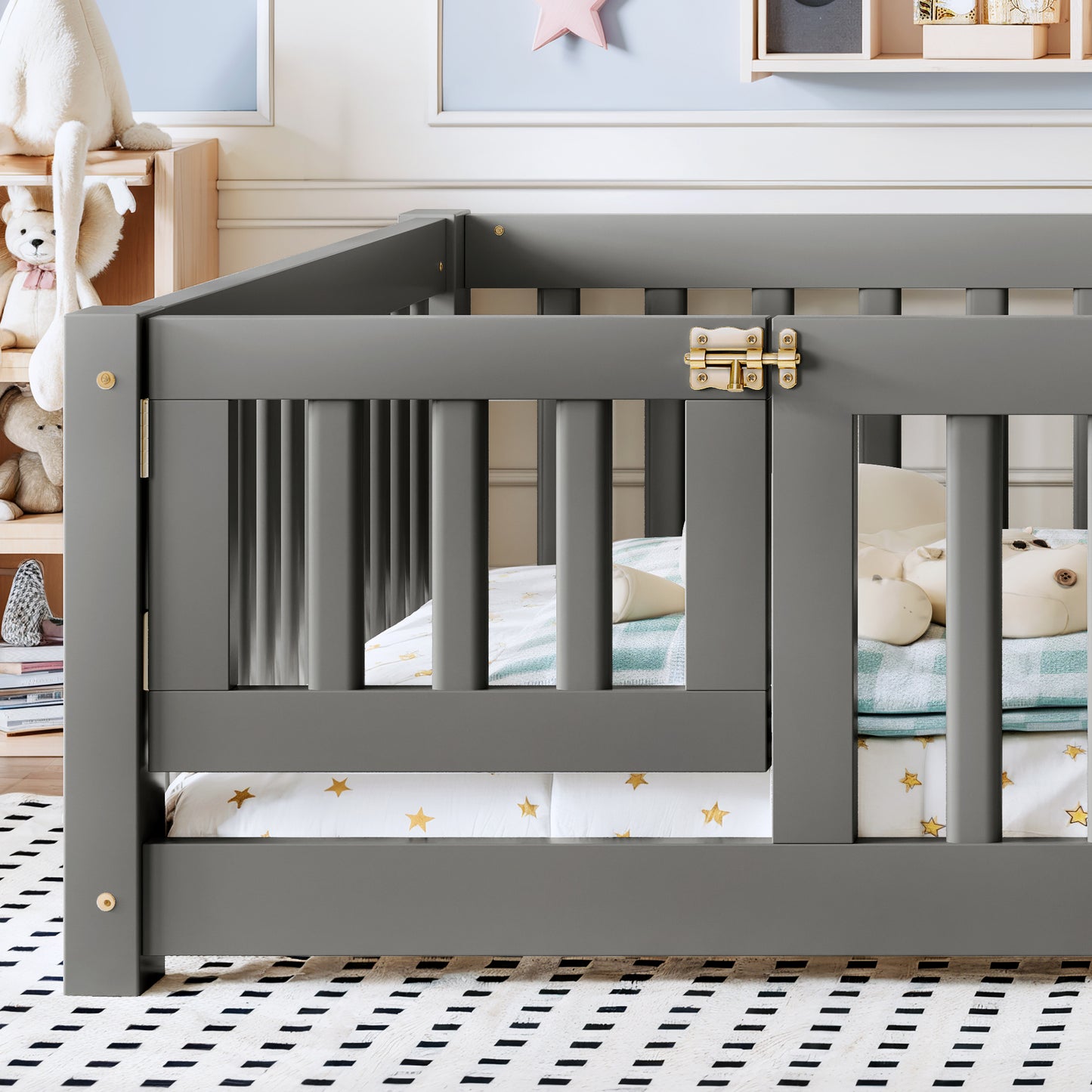 variant-group:rf-w1580p462318|Roomfitters Full Size Wooden Floor Bed Frame with Safety Guardrails Door, Solid Wood Low Profile Toddler Play Bed, Gray