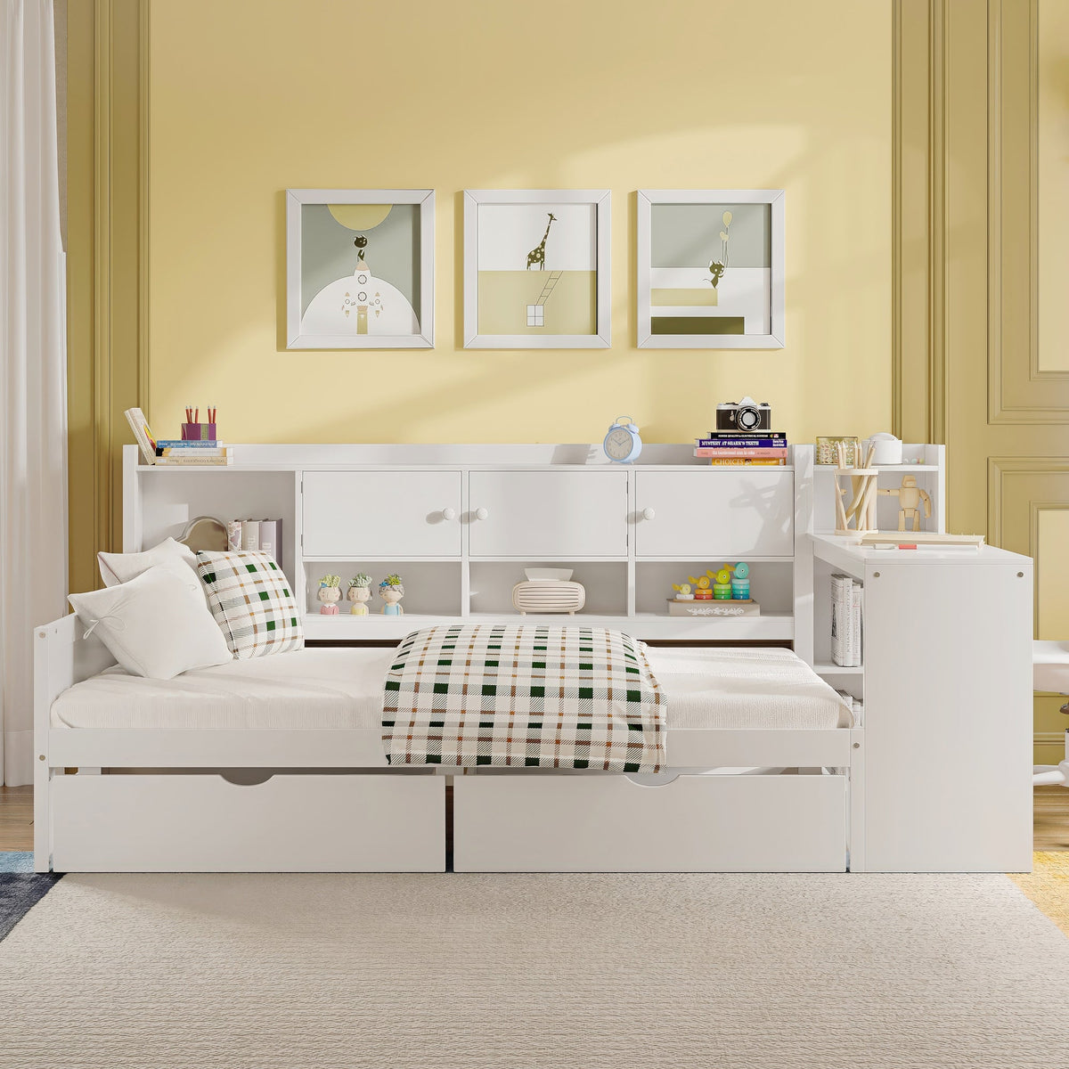 Roomfitters Wooden L-Shape Daybed with Storage Cabinets, Study Desk, Built-In Bookshelf, Space-Saving Platform Bed, White