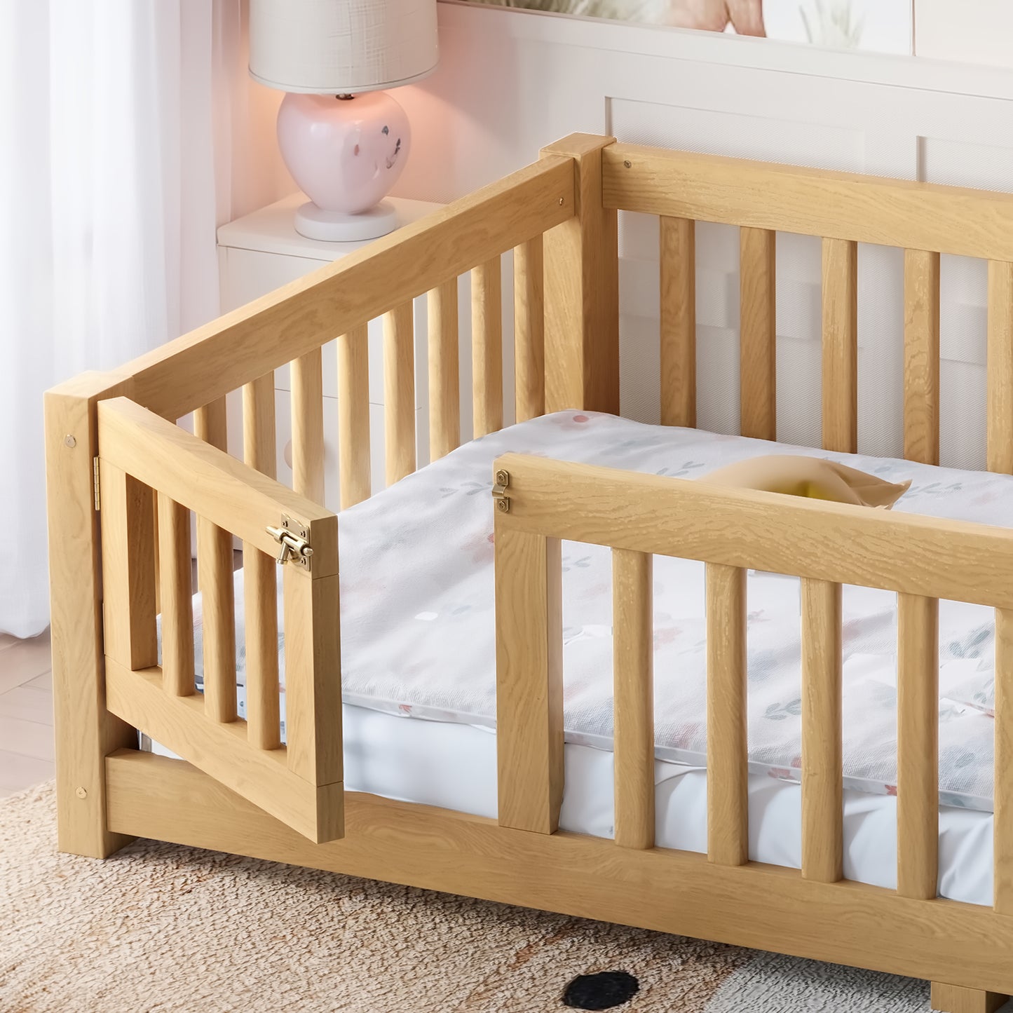 variant-group:rf-w1580p462314|Roomfitters Twin Size Wooden Floor Bed Frame with Safety Guardrails Door, Solid Wood Low Profile Toddler Play Bed, Natural