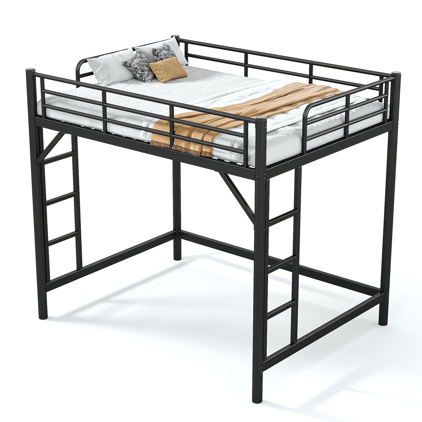 variant-group:rf-w1580p455015|Roomfitters Full Size Metal Loft Bed Frame with Guardrails, Heavy Duty Space Saving High Loft Bed Dual Ladders, Black