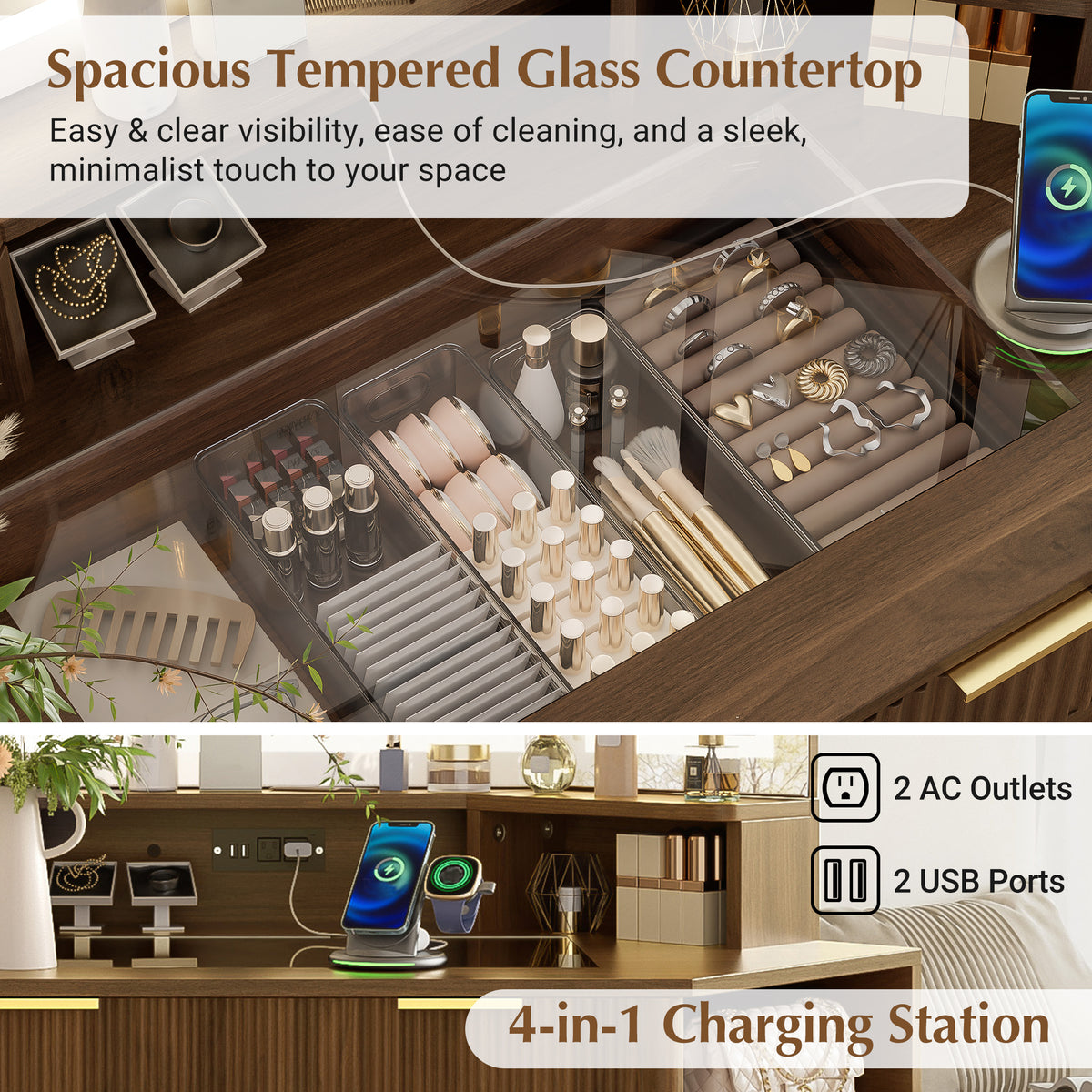 variant-group:rf-n704p392485p|Roomfitters 47.2" Corner Makeup Vanity Desk with 3-Panel LED Mirror, Glass Top, Charging Station and Storage Hutch, Walnut