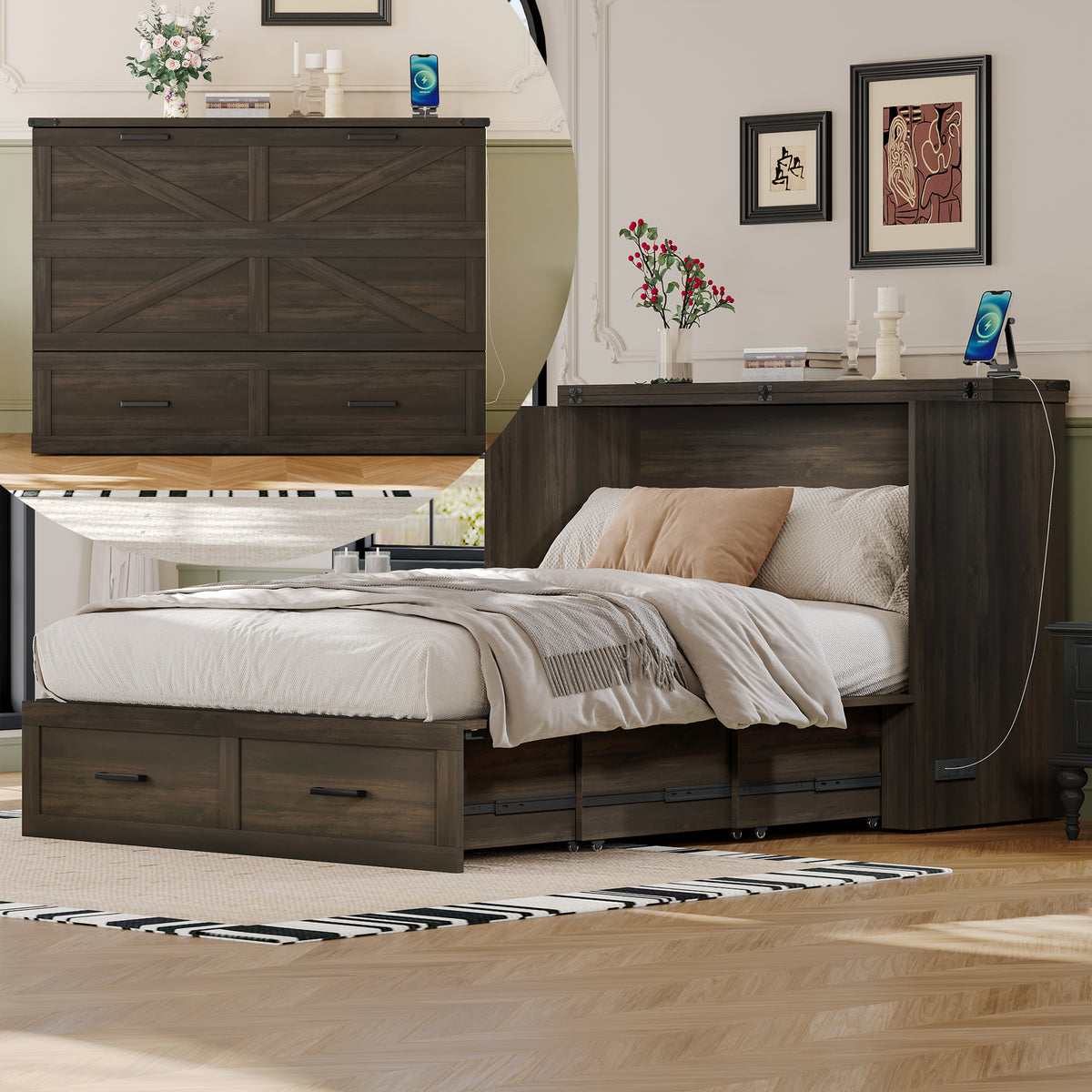 variant-group:rf-n733s237853g|Roomfitters Full Size Farmhouse Murphy Cabinet Bed with Charging Station, Foldable Platform Bed with Large Storage for Guest Room, Small Bedroom, Rustic Gray