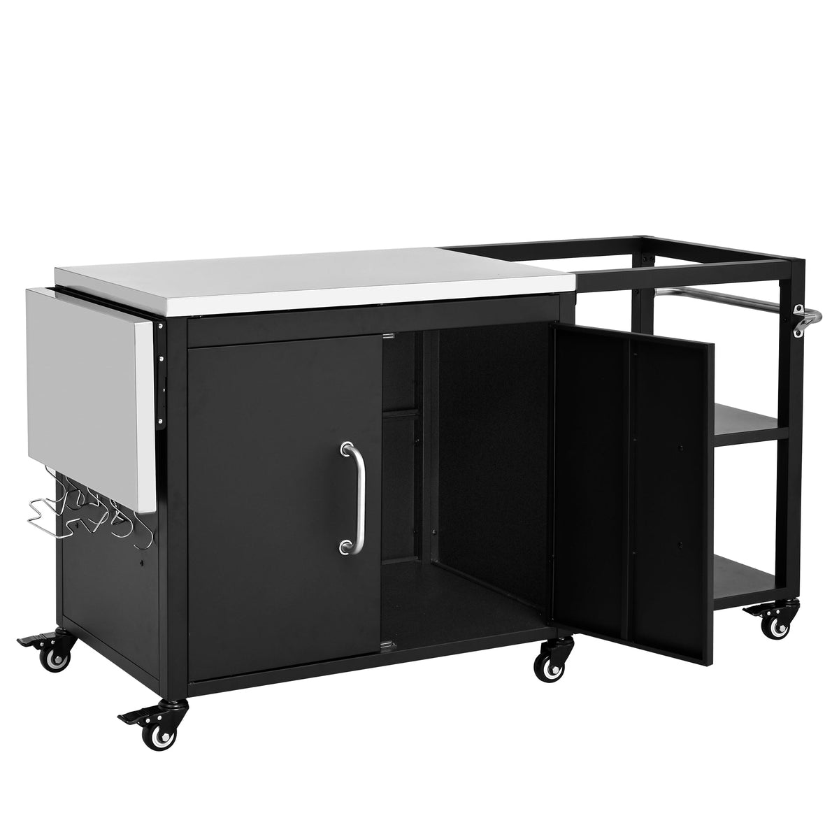Roomfitters 76.6" Grill Cart with Stainless Steel Top and Kamado Nest, Folding Drop Leaf Prep Station, Mobile Cabinet, Black