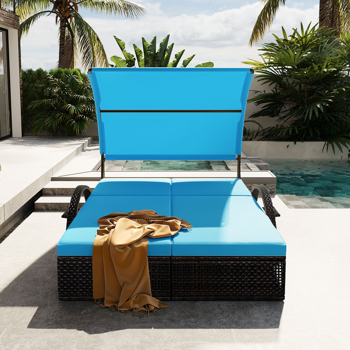 variant-group:rf-n711wy000485aac|Roomfitters Blue HDPE Wicker Outdoor Double Sunbed, Steel Frame Patio Chaise, Hidden Side Tables, Canopy Shade