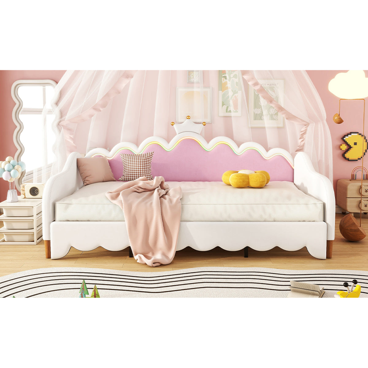 variant-group:rf-n733hl000104aak|Roomfitters Twin Extending Daybed with Lights, Modern Upholstered Princess Daybed with Crown Headboard, Sophisticated and Functional Design, White