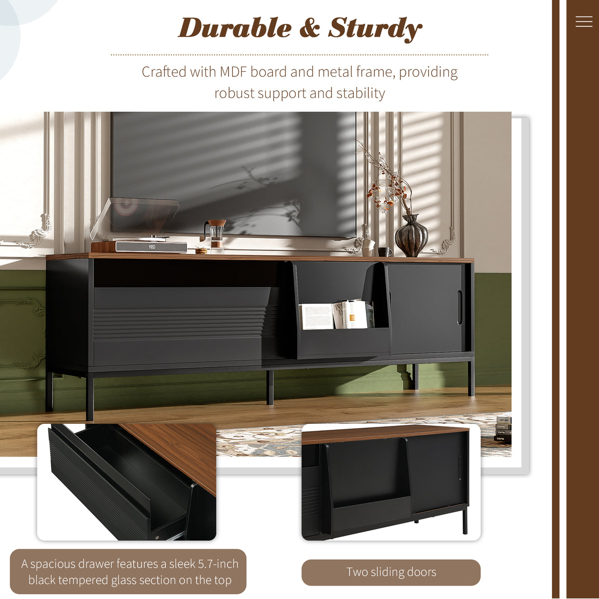 variant-group:rf-n724p360370b|Roomfitters Mid-Century Modern 70" TV Stand Console with Sliding Doors, Black
