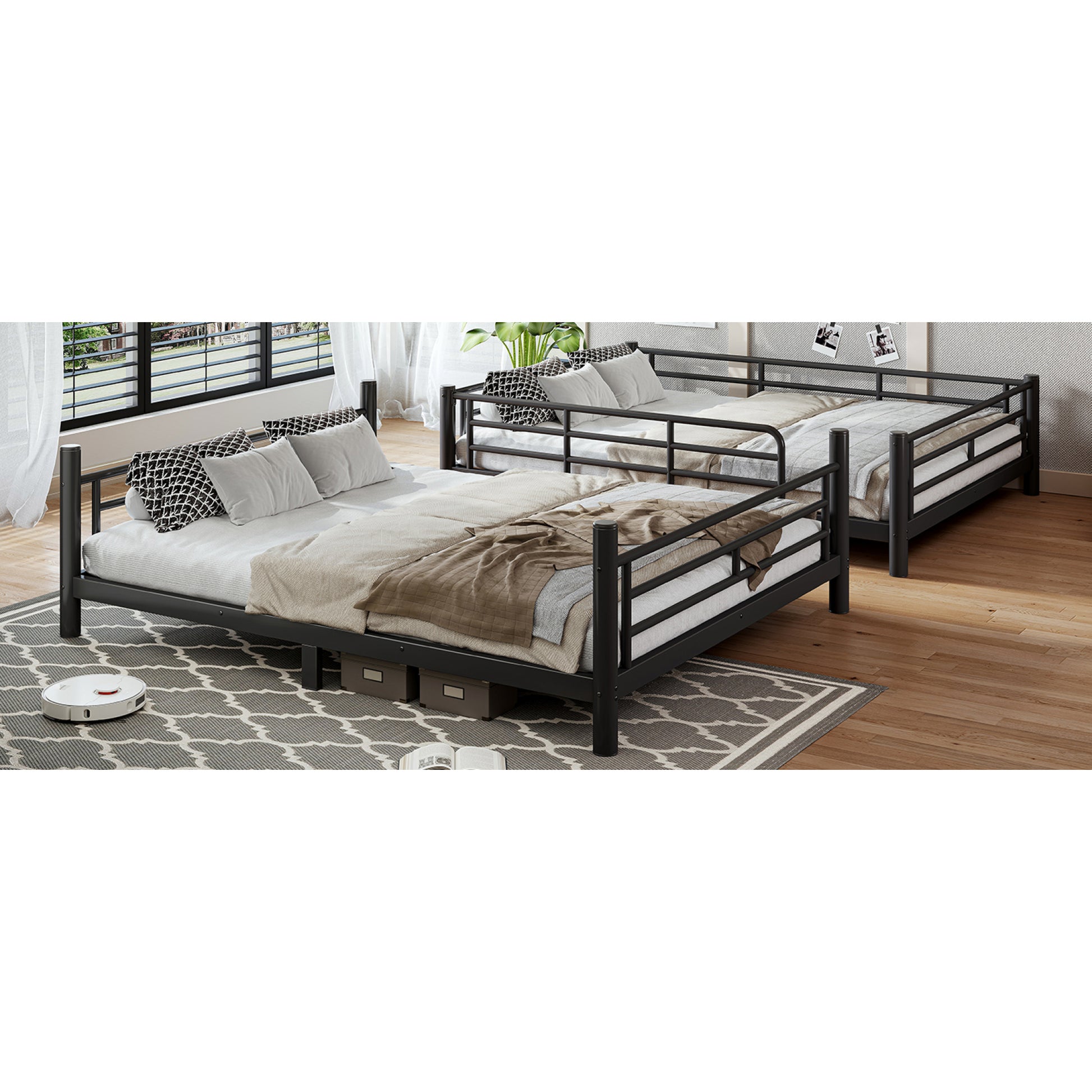 variant-group:rf-w1580s00607|Roomfitters Queen over Queen Metal Bunk Bed Frame for Teens Adults, Convertible 2 Separate Beds Round Tube, Black