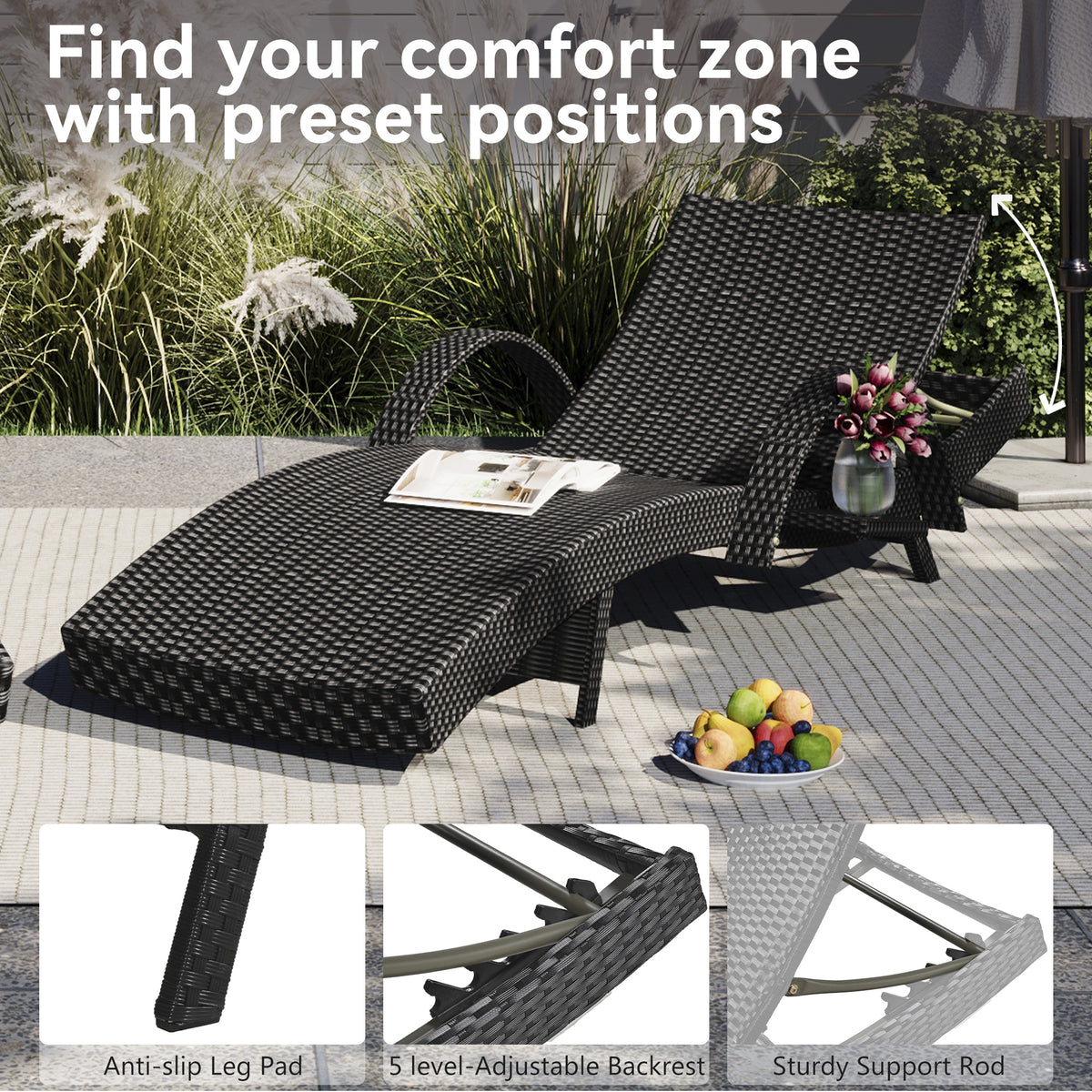 variant-group:rf-n707wf321204aab|Roomfitters 80" Outdoor Wicker Chaise Lounge Chairs, Set of 2, Reclining Patio Chairs with Pull-Out Table, Black