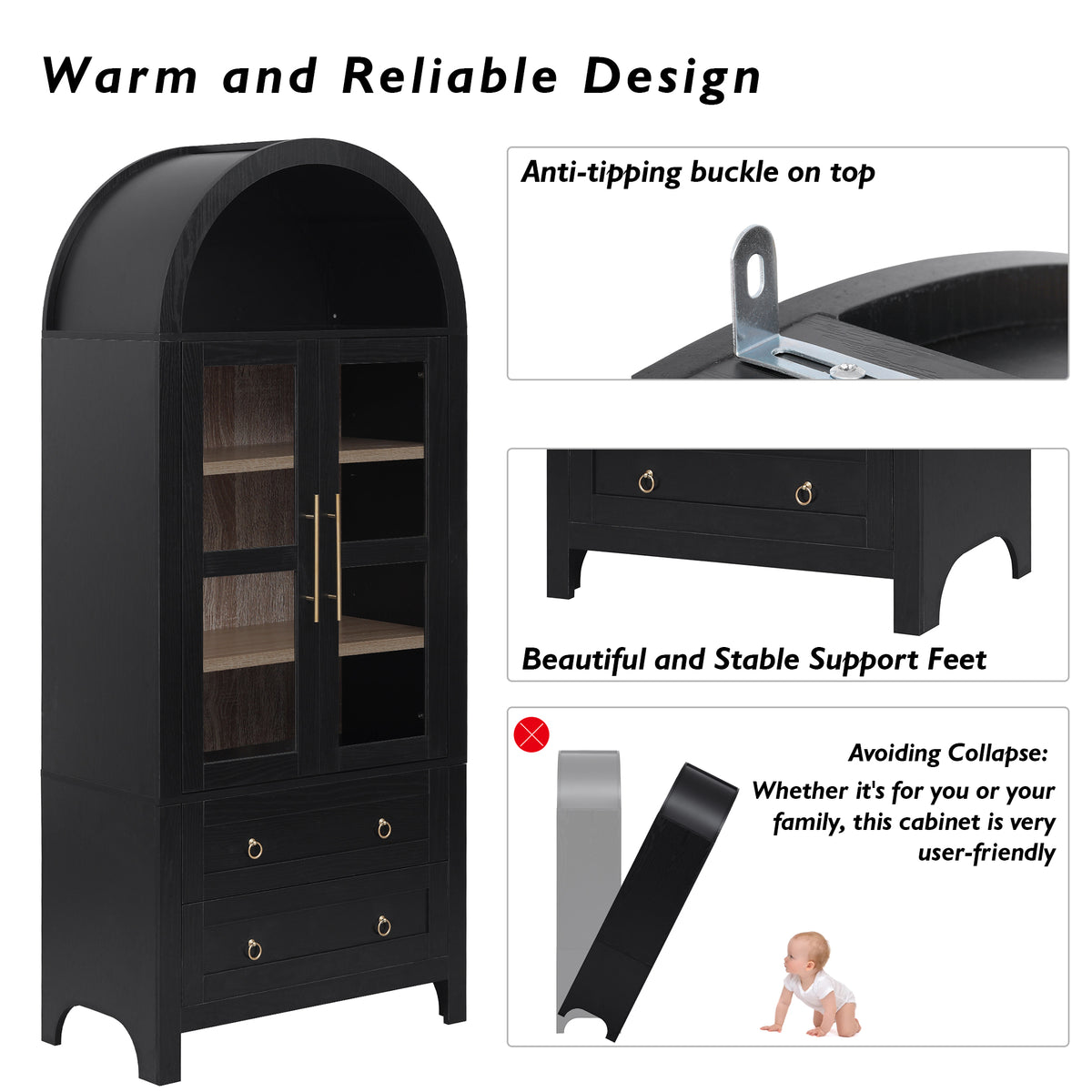 variant-group:rf-n707p288972b|Roomfitters 71" Pantry Cabinet with Arched Top and Glass Doors, 2 Storage Drawers and Adjustable Shelves for Kitchen, Black