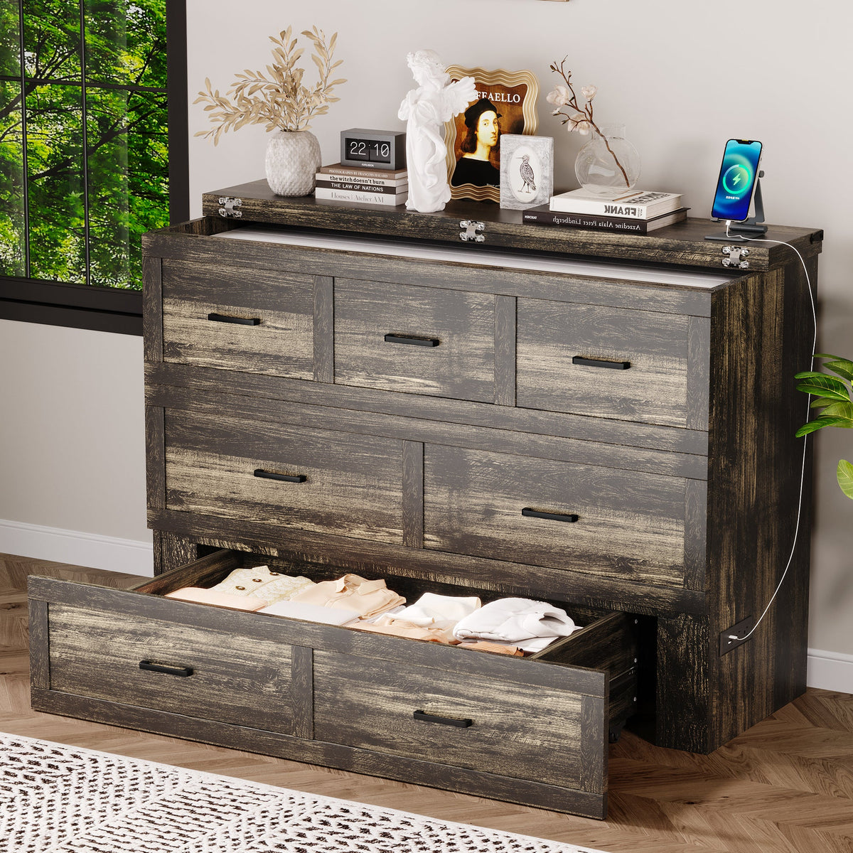 Roomfitters Queen Size Murphy Bed Cabinet with Charging Station, Foldable Platform Bed with Storage Drawer, Rustic Gray