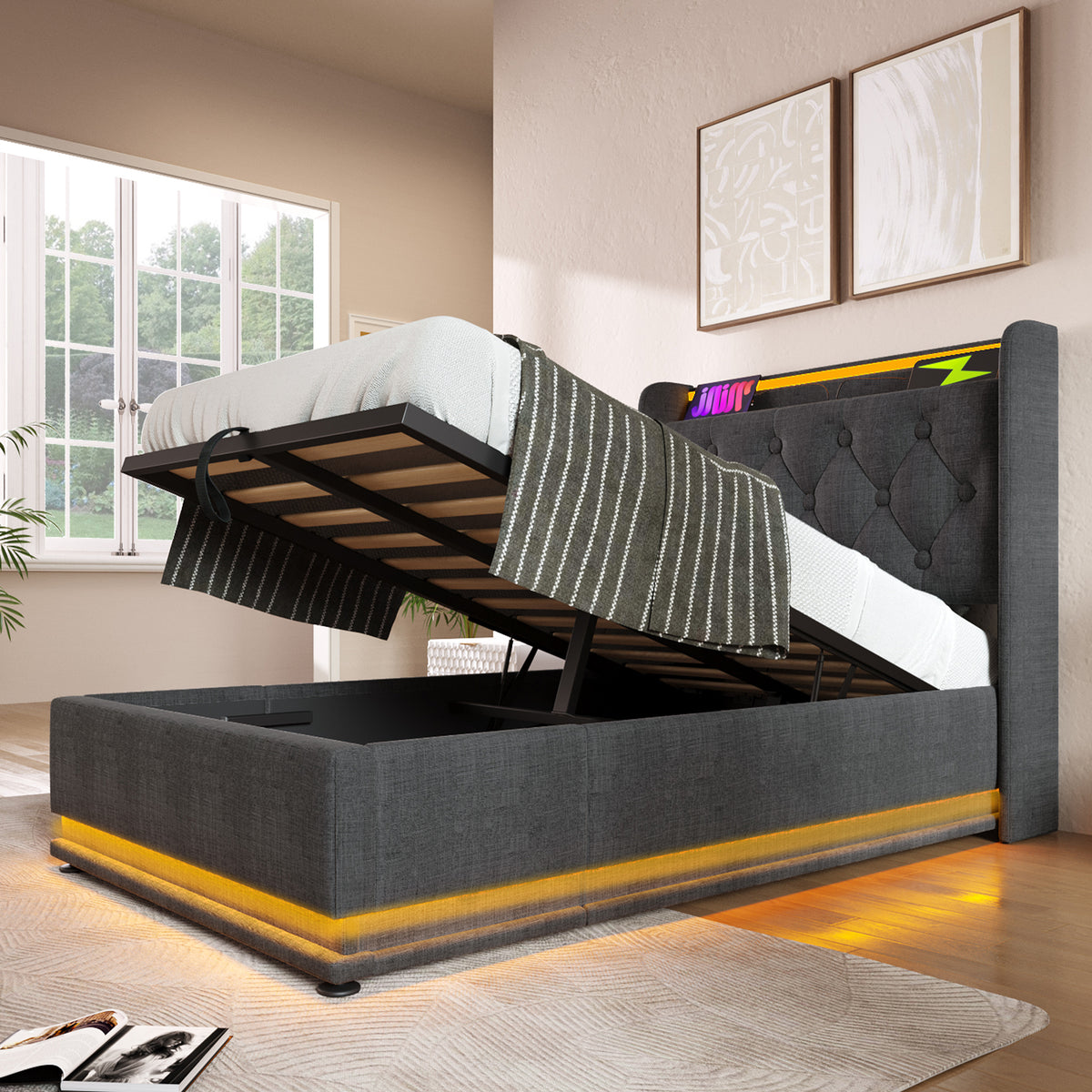 variant-group:rf-n736p188805g|Roomfitters Twin Size Upholstered Storage Bed with USB Type-C Charging and Remote Control, Linen Gray