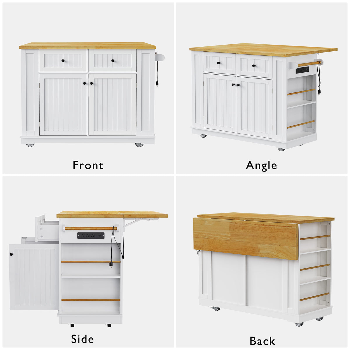 variant-group:rf-n707s257057w|Roomfitters 48" Kitchen Island with Power Outlet and Drop Leaf, Rolling Storage Cabinet with Wood Top and Spice Rack, White
