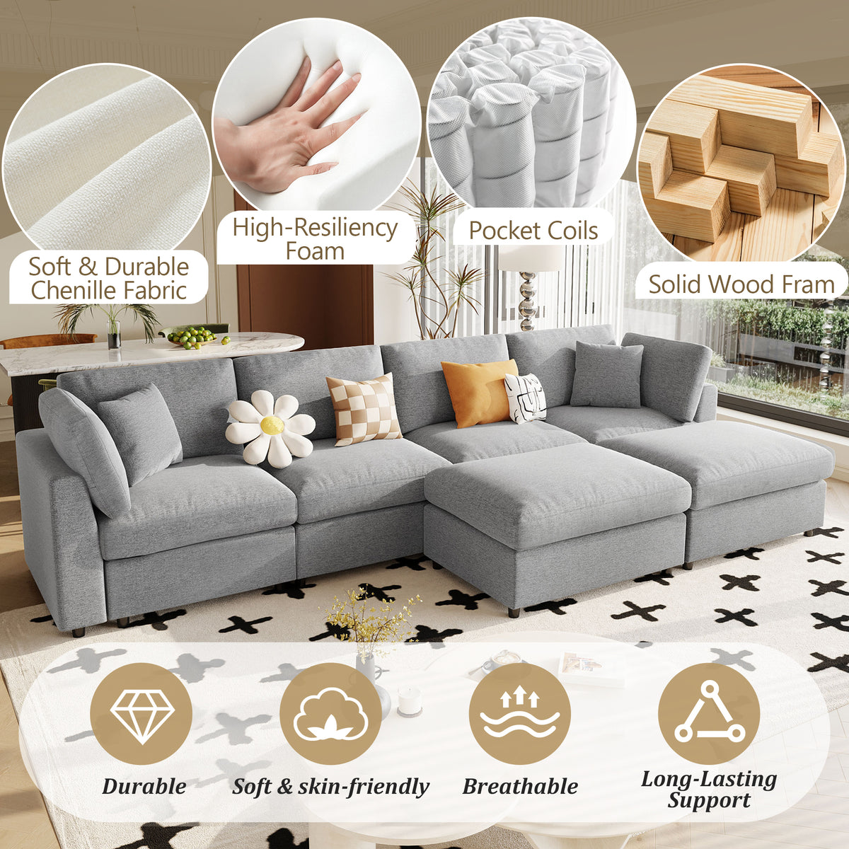 variant-group:rf-n711wy000474aae|Roomfitters 128.2-Inch Customizable U-Shaped Sectional Sofa, 6-Seater Chenille Couch, 2 Movable Ottomans, Pit Lounge, Grey