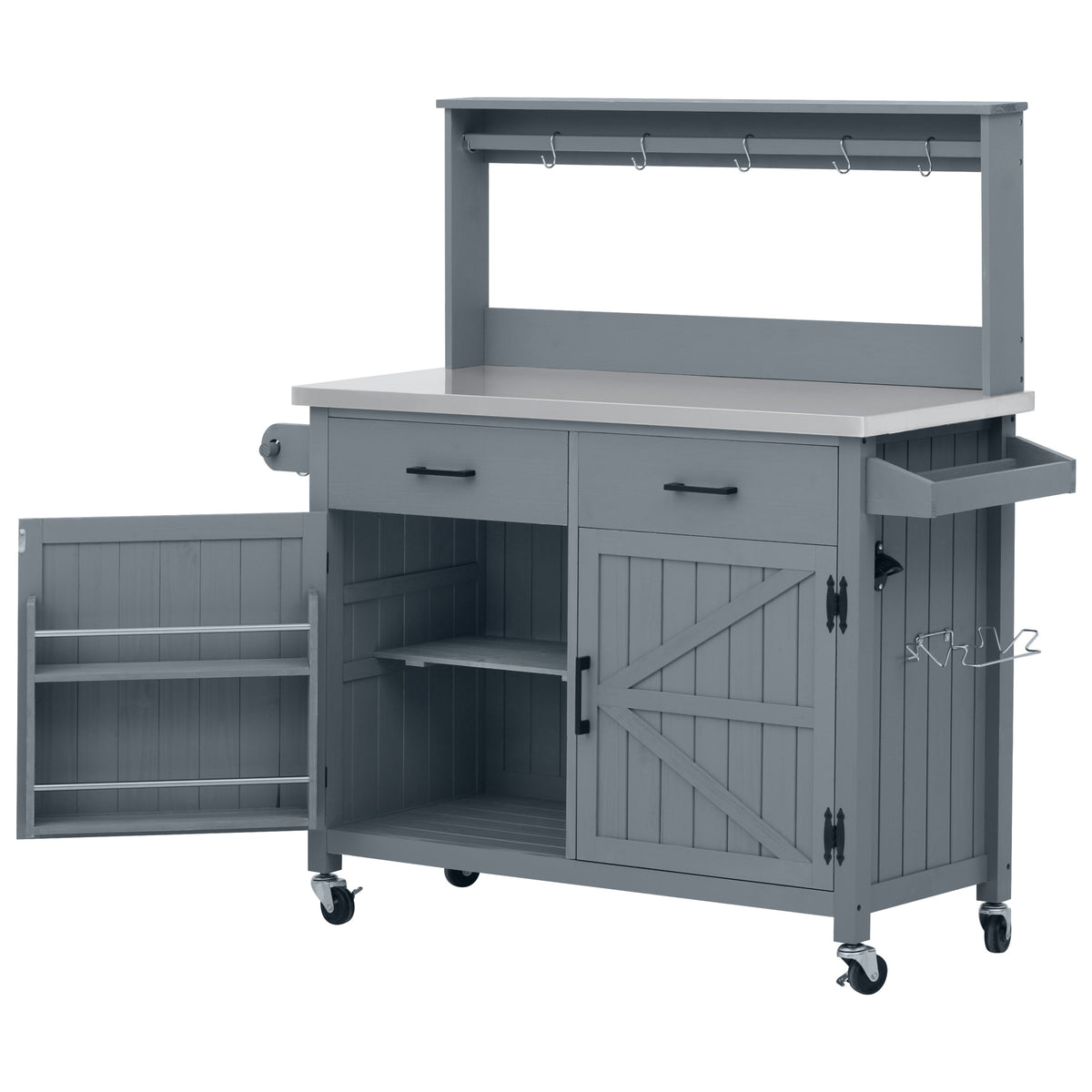 variant-group:rf-n707p409087g|Roomfitters 54.1" Grill Cart, Outdoor Kitchen Prep Station with Stainless Steel Top and Propane Tank Storage, Grey+Blue