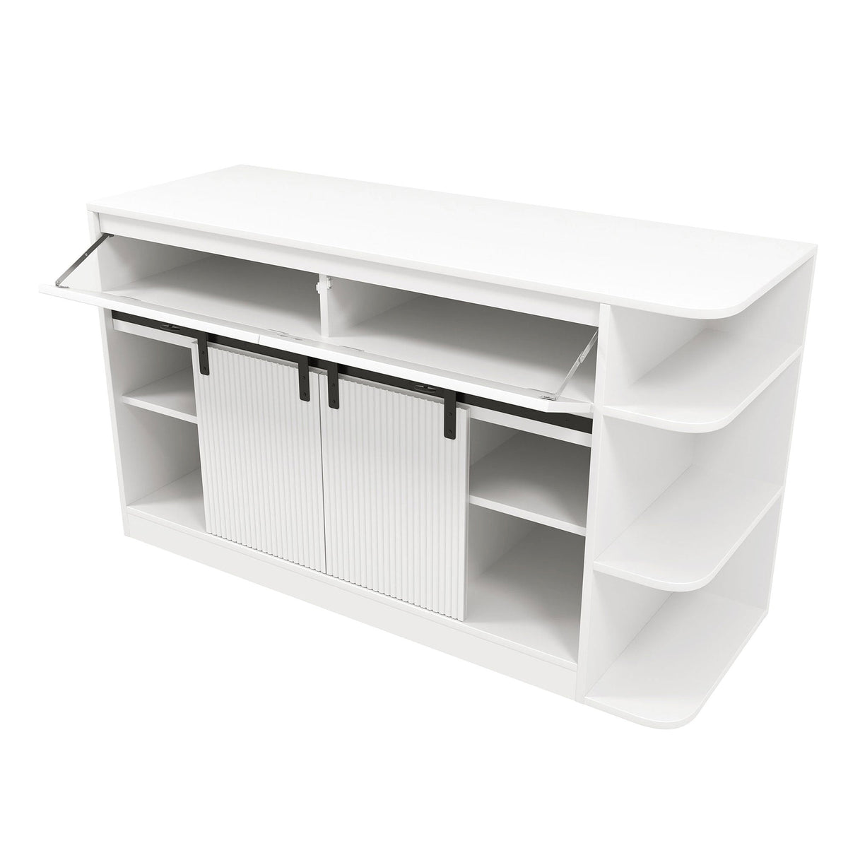 Roomfitters 75 Gallon Fish Tank Stand with Smart App RGB LED Lights Sliding Fluted Doors and Power Outlets White Roomfitters