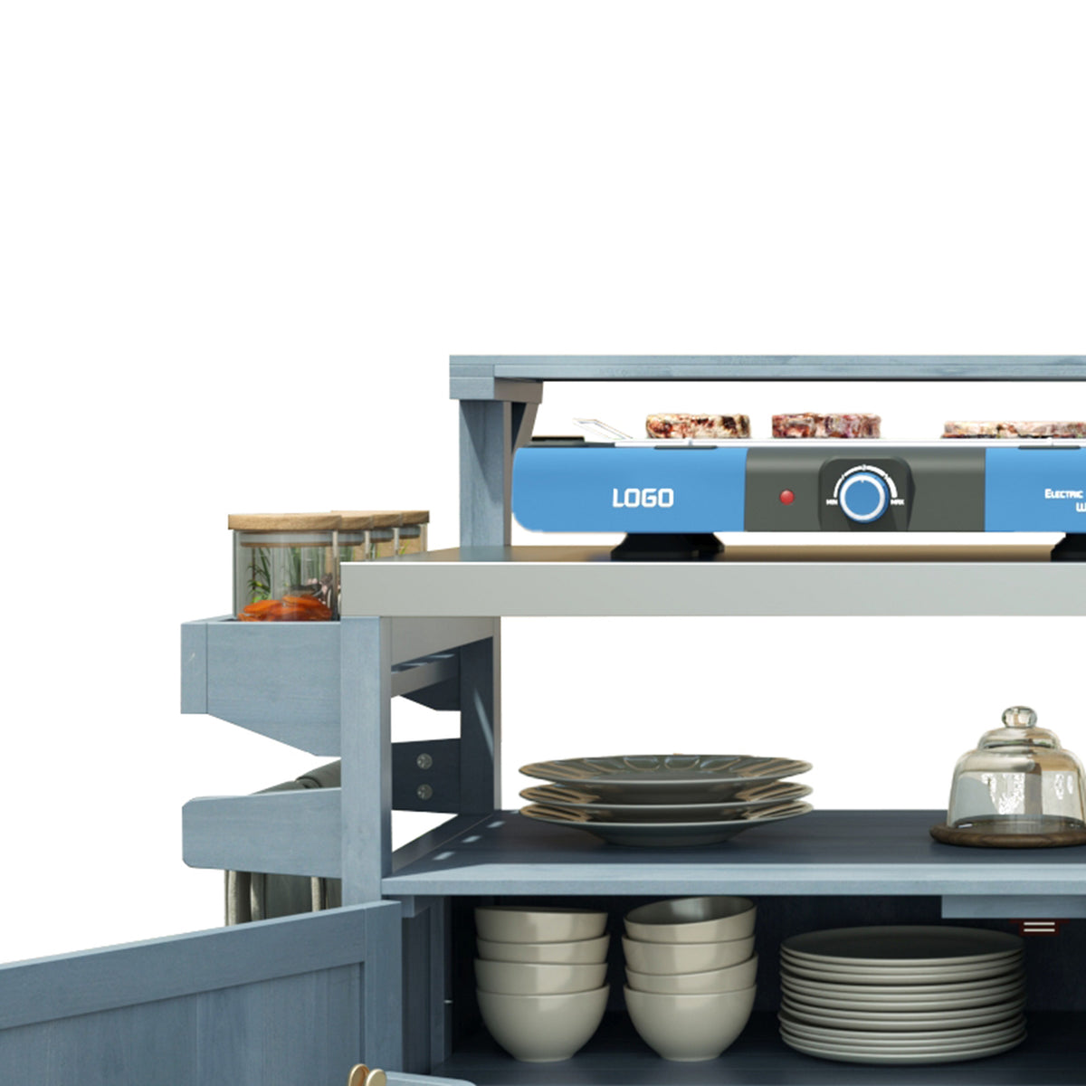 variant-group:rf-n707p250628g|Roomfitters 53.3" Outdoor Kitchen Island with Raised Shelf, Wood Storage Cabinet, Stainless Steel Top, Rolling Grill Cart, Grey Blue