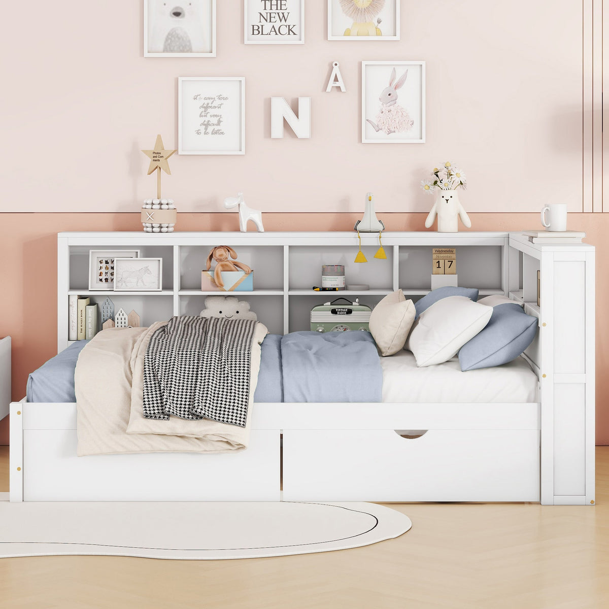 Roomfitters Wooden Full Daybed with Underbed Storage, Built-In Shelf & USB Charging Ports, White