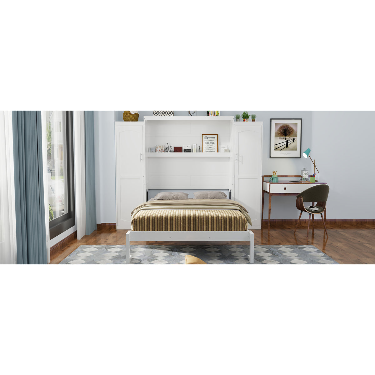 variant-group:rf-n733s339767k|Roomfitters Queen Murphy Bed with Storage Cabinets and Shelf, Foldable Wall Bed Platform for Guest Room and Bedroom, White