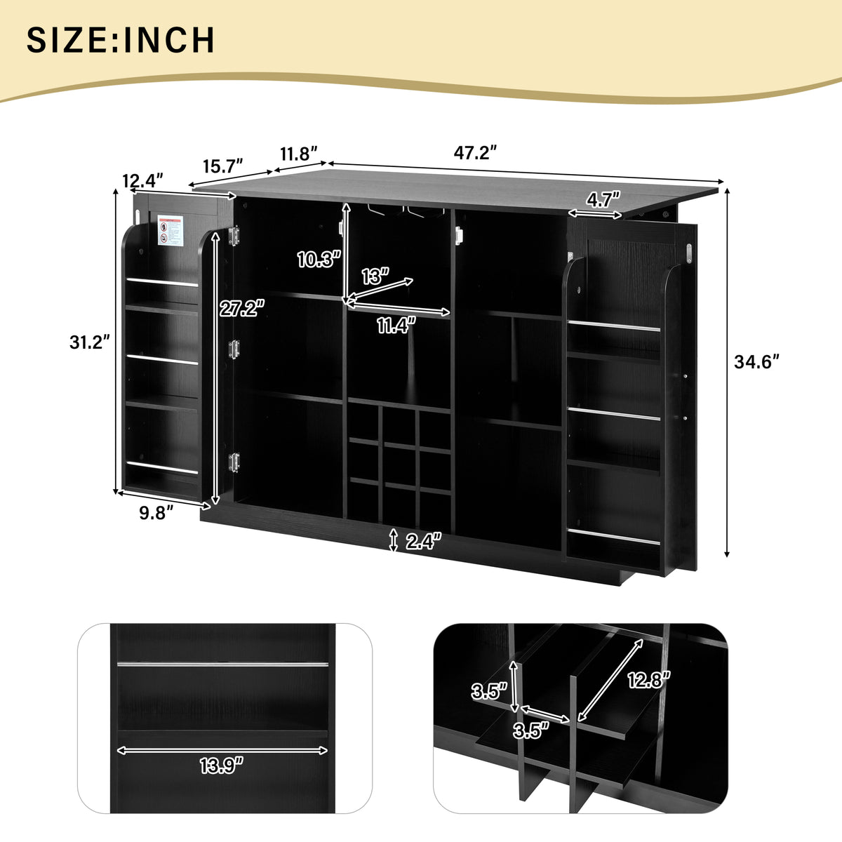 variant-group:rf-n711p437715b|Roomfitters 47.2-Inch Counter Height Bar Cabinet, Black Sideboard Buffet Table, Foldable Drop Leaf, Built-In Power