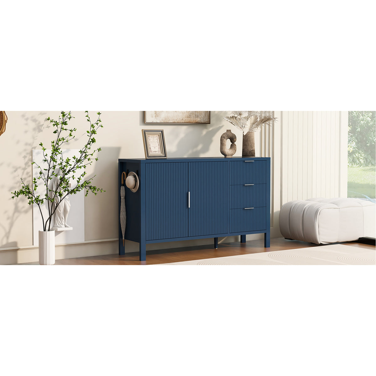 variant-group:rf-n711p345172v|Roomfitters Sideboard Buffet Cabinet with 3 Drawers, 2 Door Mid-century Fluted Accent Storage for Kitchen & Dining, Navy Blue