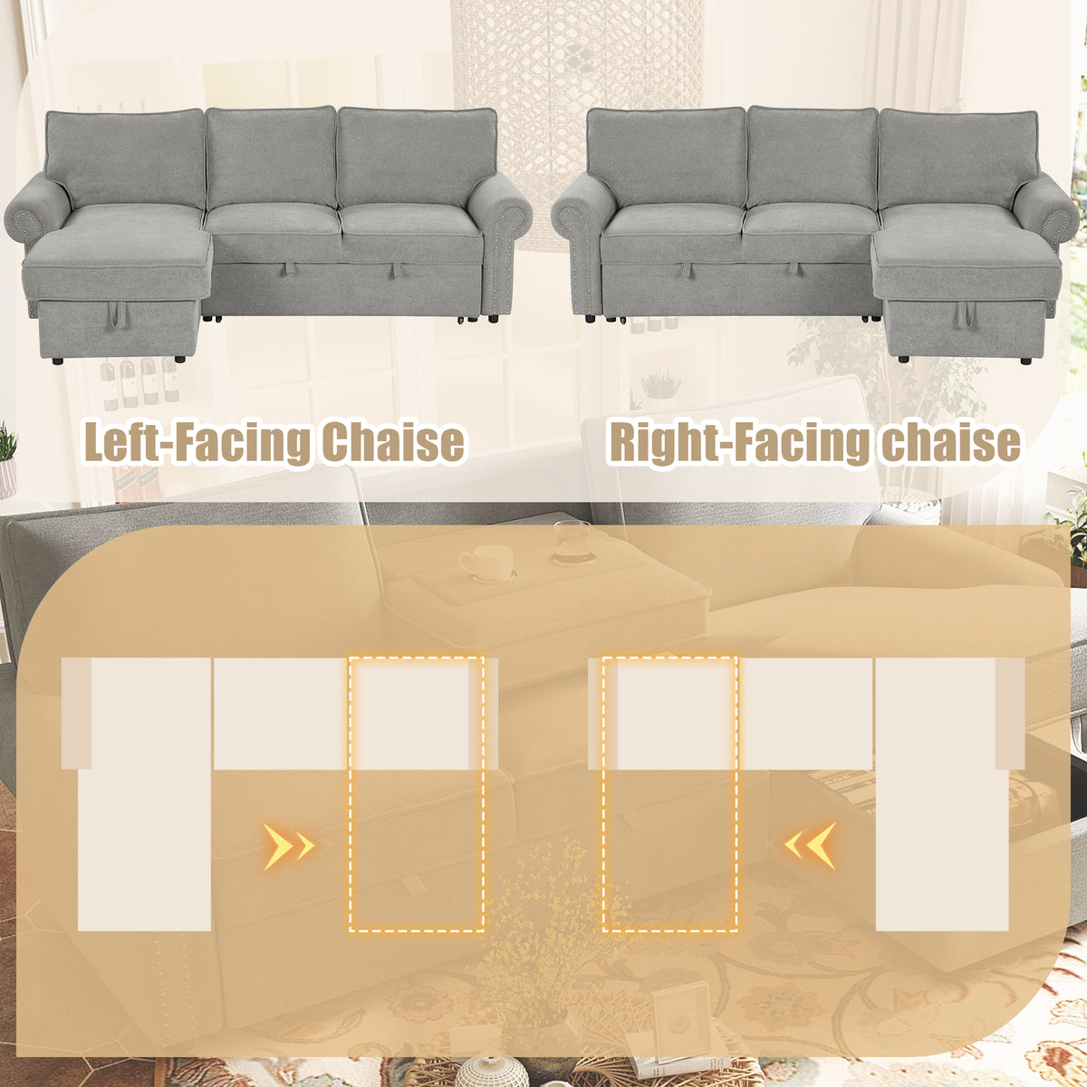variant-group:rf-n711wy000466aae|Roomfitters 95" Convertible Sectional Sleeper Sofa L-Shaped Couch with Storage Chaise and Pull Out Bed for Living Room, Grey