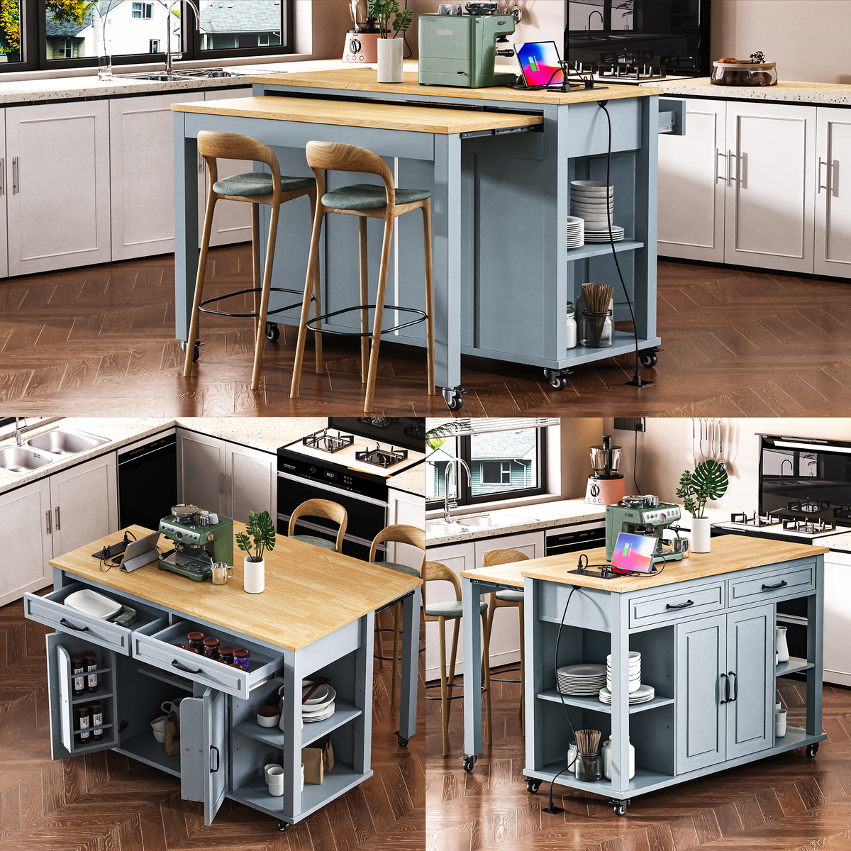 variant-group:rf-n707p215327g|Roomfitters 47" Kitchen Island with Extendable Dining Table, Storage Cabinet, Power Outlet, Rubber Wood Veneer, Grey Blue