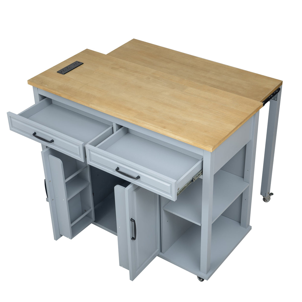 Roomfitters 47" Kitchen Island with Power Outlet and Drop Leaf, Rolling Storage Cabinet with Drawers, Modern Style, Grey+Blue
