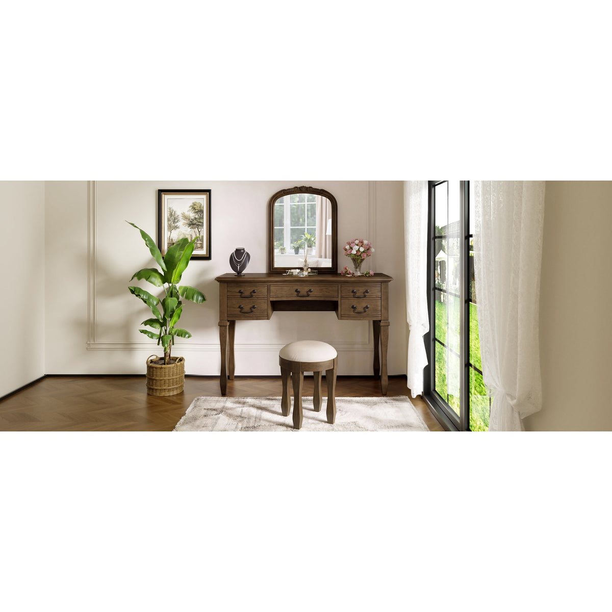 Roomfitters 46-Inch Vintage Makeup Vanity Table with Curved Flower Frame Mirror and Upholstered Leather Stool Espresso Roomfitters