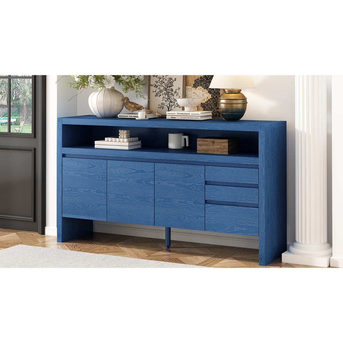 variant-group:rf-n711p289141v|Roomfitters 60" Modern Solid Wood Veneer Sideboard with 3 Doors & 3 Drawers, Open Shelf & Cable Cutout, Large Storage Cabinet for Dining, Hallway, Living Room, Navy Blue