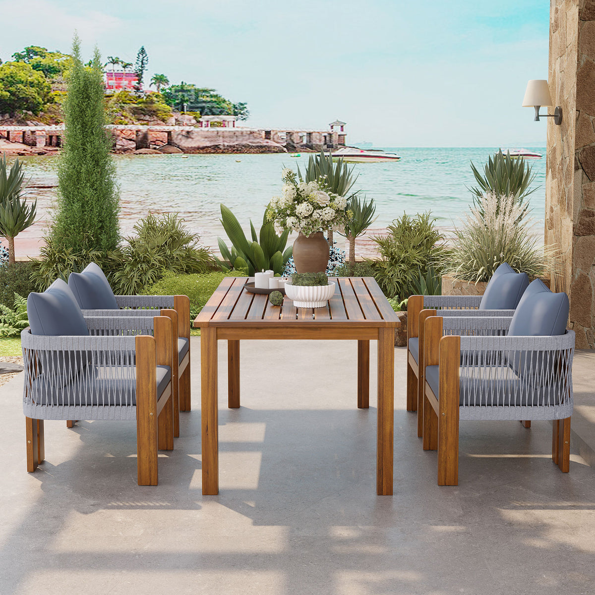 variant-group:rf-n711wy000496aae|Roomfitters 5-Piece Rope Woven Outdoor Dining Set, Farmhouse Solid Acacia Table, 4 Chairs Pack, Brown and Grey