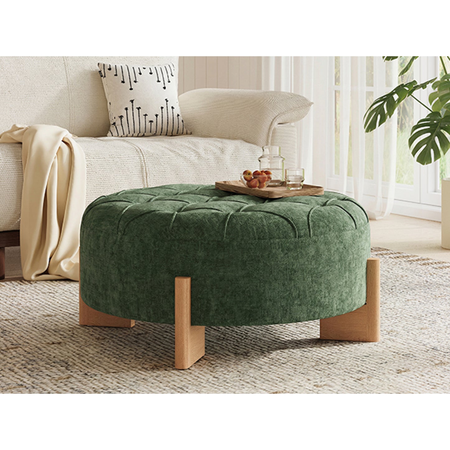 variant-group:rf-n723p405298g|Roomfitters 32 Inch Oversized Round Button-Tufted Ottoman, Upholstered Coffee Table Footrest with Wood Legs, Green