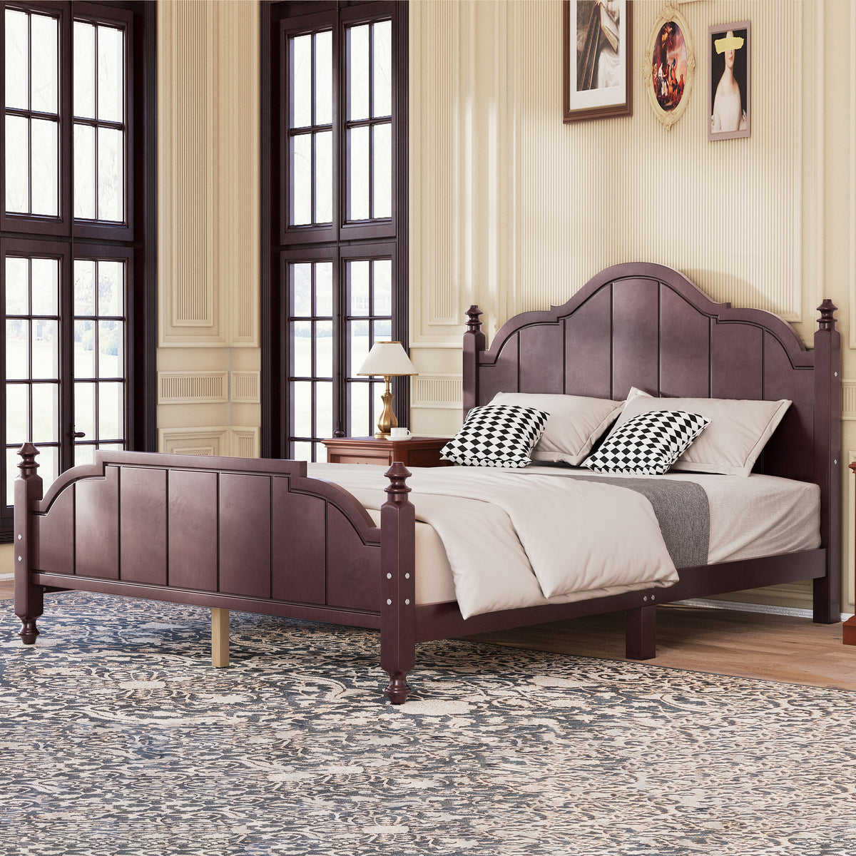 variant-group:rf-n733p360940p|Roomfitters Queen Wood Platform Bed Frame with Curved Headboard, Vintage Style Slat Support, No Box Spring Required, Espresso