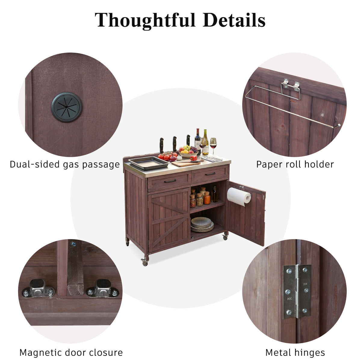 variant-group:rf-n707p370273z|Roomfitters 39.4" Grill Cart, Outdoor Kitchen Island with Stainless Steel Top, BBQ Prep Station with Storage Cabinet, Brown