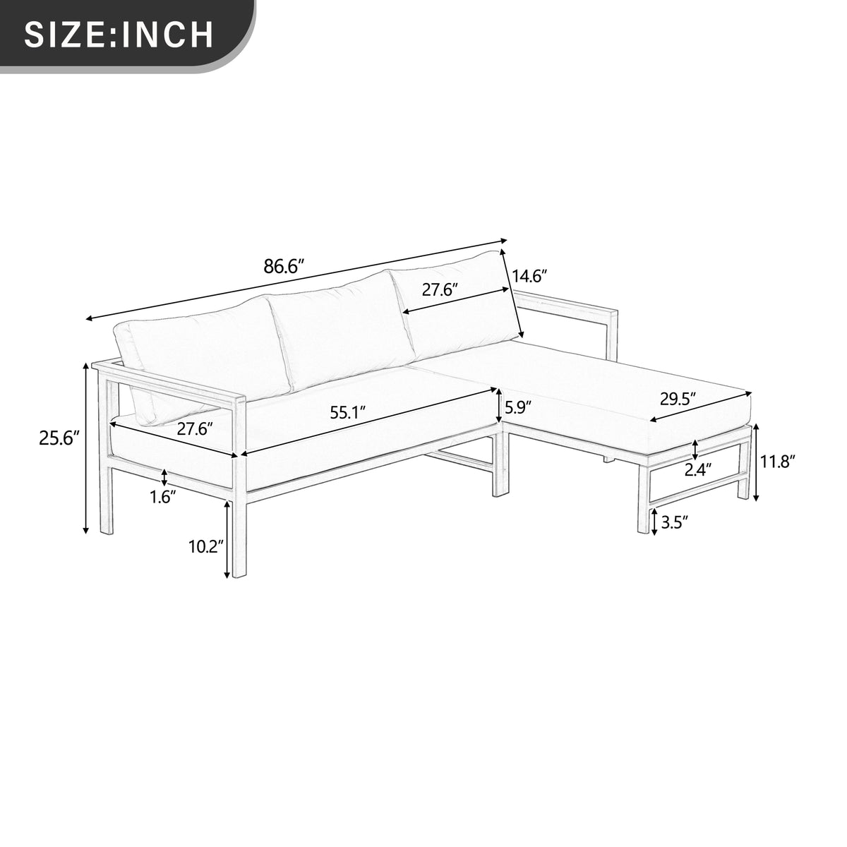 variant-group:rf-n711wy000480aae|Roomfitters Modern L-Shaped Outdoor Sectional Sofa, 3-Seater Patio Conversation Couch, Grey Cushions, Iron Frame Lounge