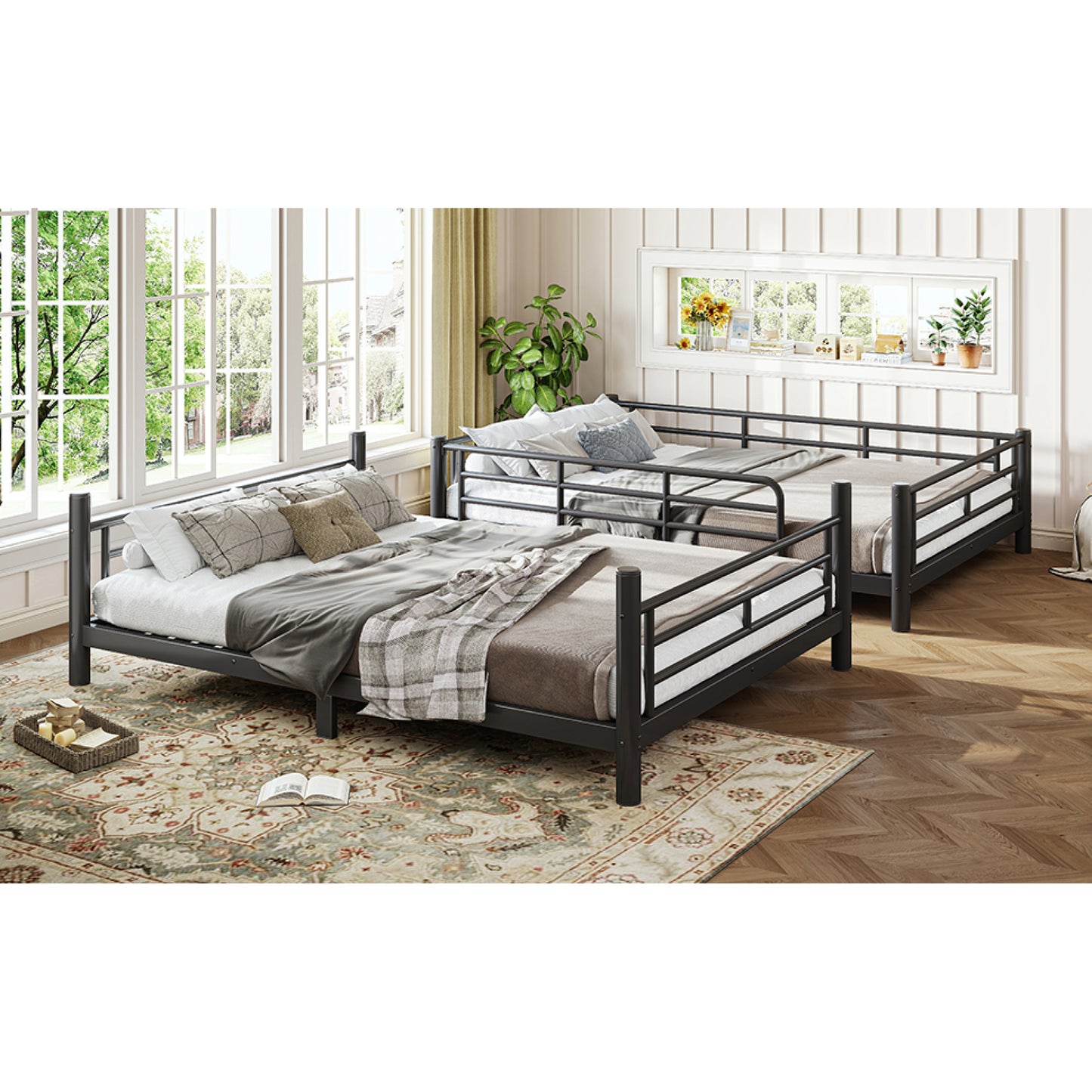 variant-group:rf-w1580p454730|Roomfitters Full over Full Metal Bunk Bed Frame for Teens Adults, Convertible 2 Separate Beds Round Tube, Black