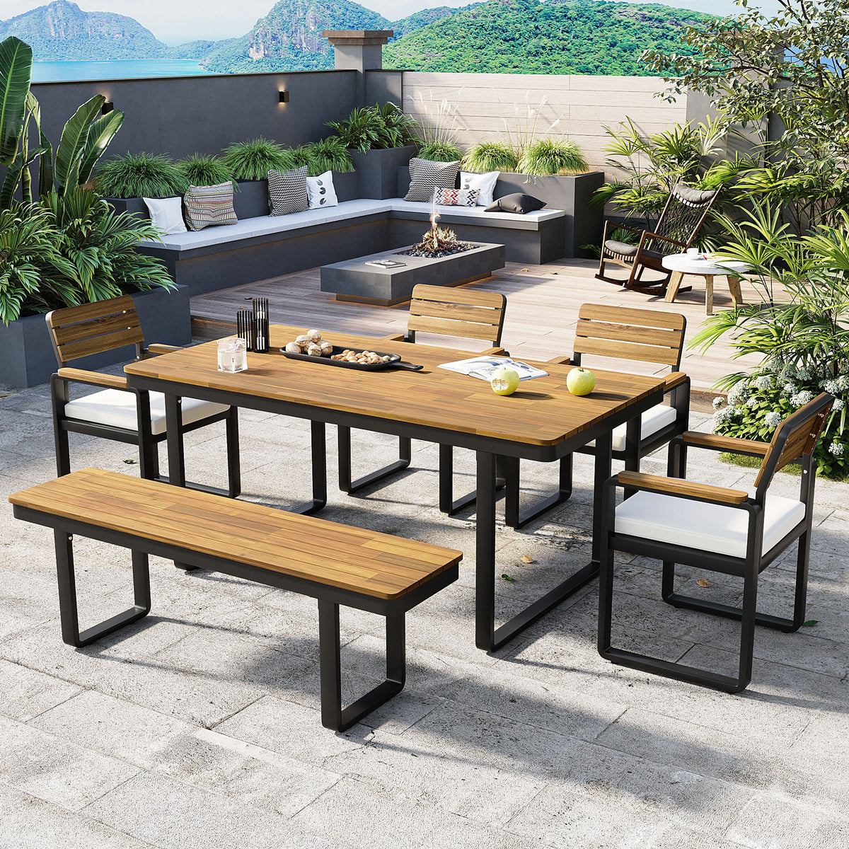 variant-group:rf-n704g201255a|Roomfitters 6-Piece Solid Acacia Wood Patio Dining Set with Steel Frames and Cushion Chairs Beige