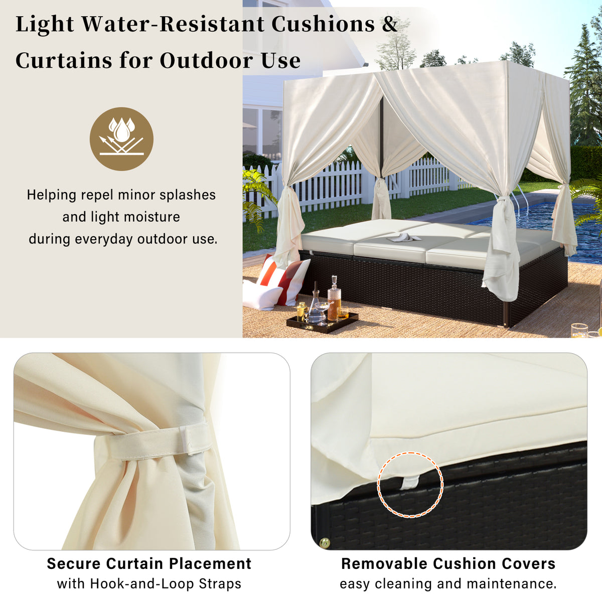 variant-group:rf-n711wy000476aak|Roomfitters Luxury Cabana Beige Outdoor Double Chaise Lounge Patio Daybed, Privacy Curtains, Adjustable Reclining