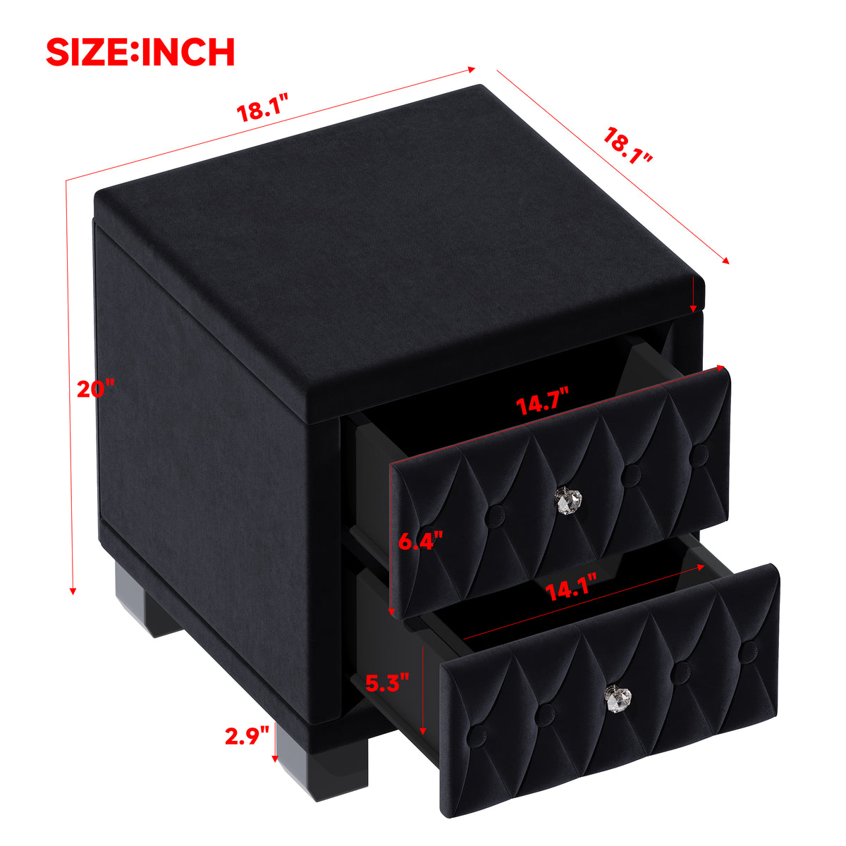 variant-group:rf-n733p210398b|Roomfitters Velvet Nightstand with Crystal Handles, Button-Tufted Upholstered Bedside Table with Two Storage Compartments, Black