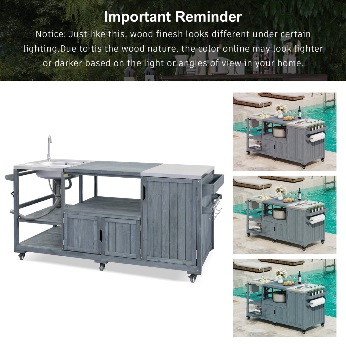 variant-group:rf-n707s000022g|Roomfitters 75.4" Outdoor Kitchen Island with Sink, Fir Wood Grill Cart for XL Green Egg & Tabletop Grills, Grey Blue