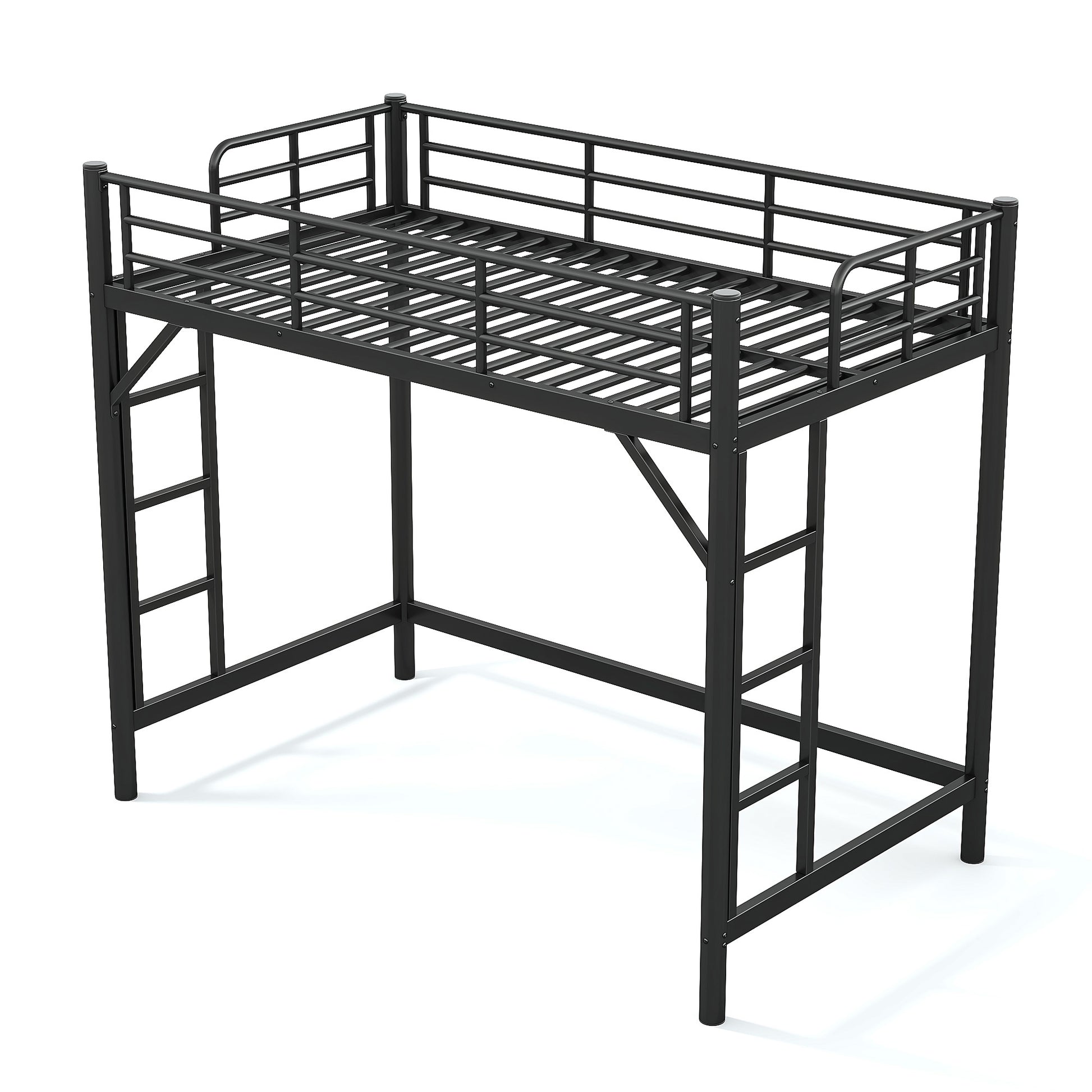 variant-group:rf-w1580p455013|Roomfitters Twin XL Size Metal Loft Bed Frame with Guardrails, Heavy Duty Space Saving High Loft Bed Dual Ladders, Black
