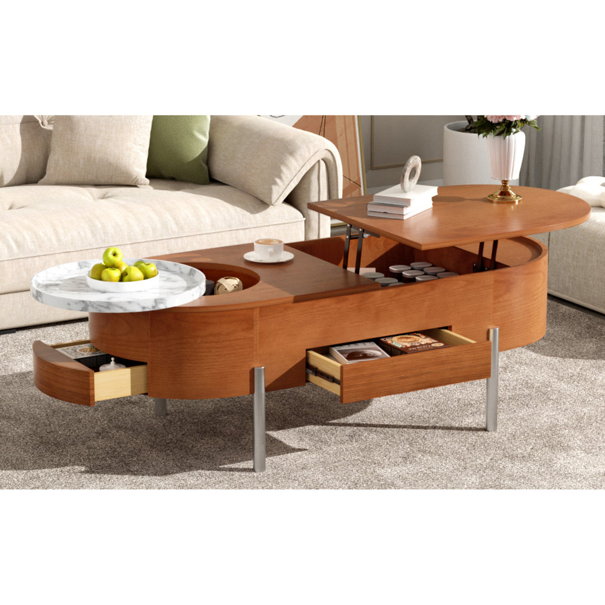 variant-group:rf-n724p228920d|Roomfitters Lift Top Oval Coffee Table with Rotating Marble Tray and Hidden Compartment, Brown