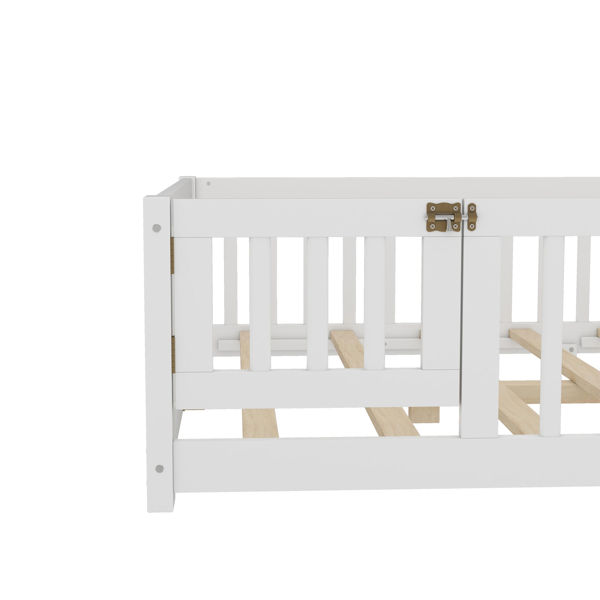 variant-group:rf-w1580p338950|Roomfitters Wooden Full Floor Bed Frame with Door & Safety Guardrails, Low Platform Design for Bedroom or Playroom, White