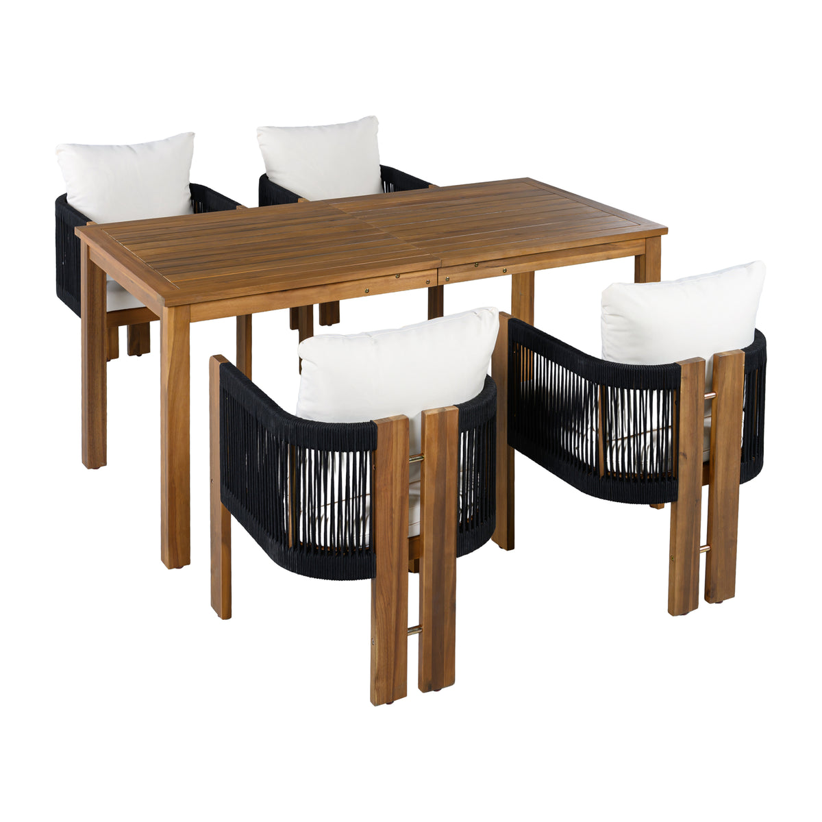 variant-group:rf-n711wy000496aab|Roomfitters 5-Piece Rope Woven Outdoor Dining Set, Farmhouse Solid Acacia Table, 4 Chairs Pack, Black and Brown