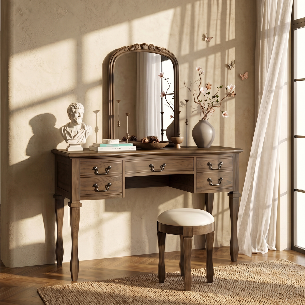 Roomfitters 46-Inch Vintage Makeup Vanity Table with Curved Flower Frame Mirror and Upholstered Leather Stool Espresso Roomfitters