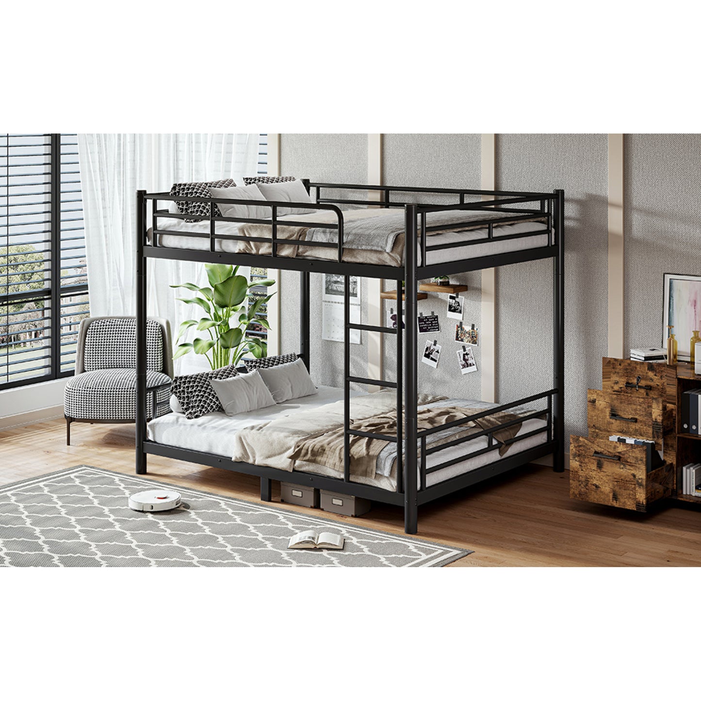 variant-group:rf-w1580s00607|Roomfitters Queen over Queen Metal Bunk Bed Frame for Teens Adults, Convertible 2 Separate Beds Round Tube, Black