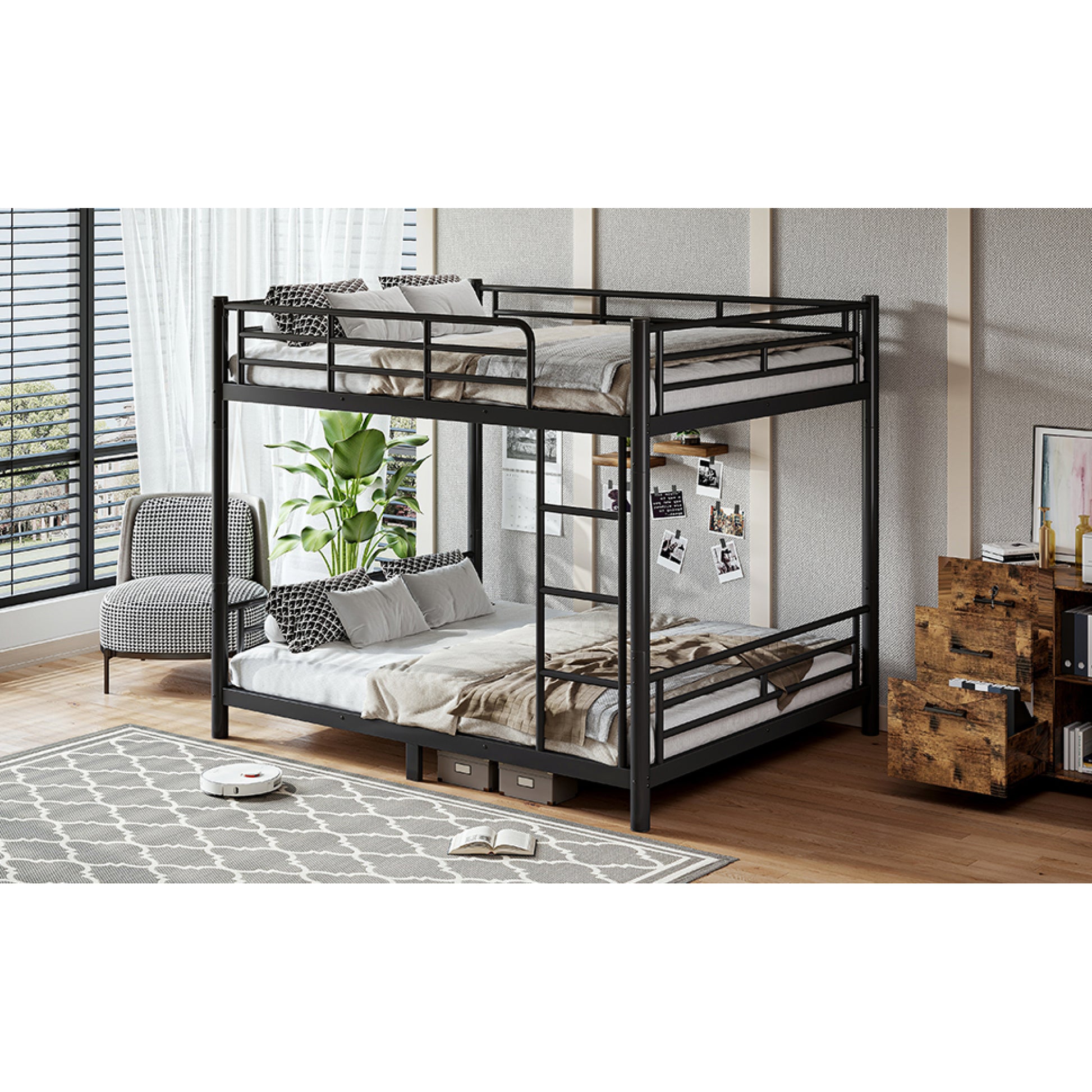 variant-group:rf-w1580s00607|Roomfitters Queen over Queen Metal Bunk Bed Frame for Teens Adults, Convertible 2 Separate Beds Round Tube, Black