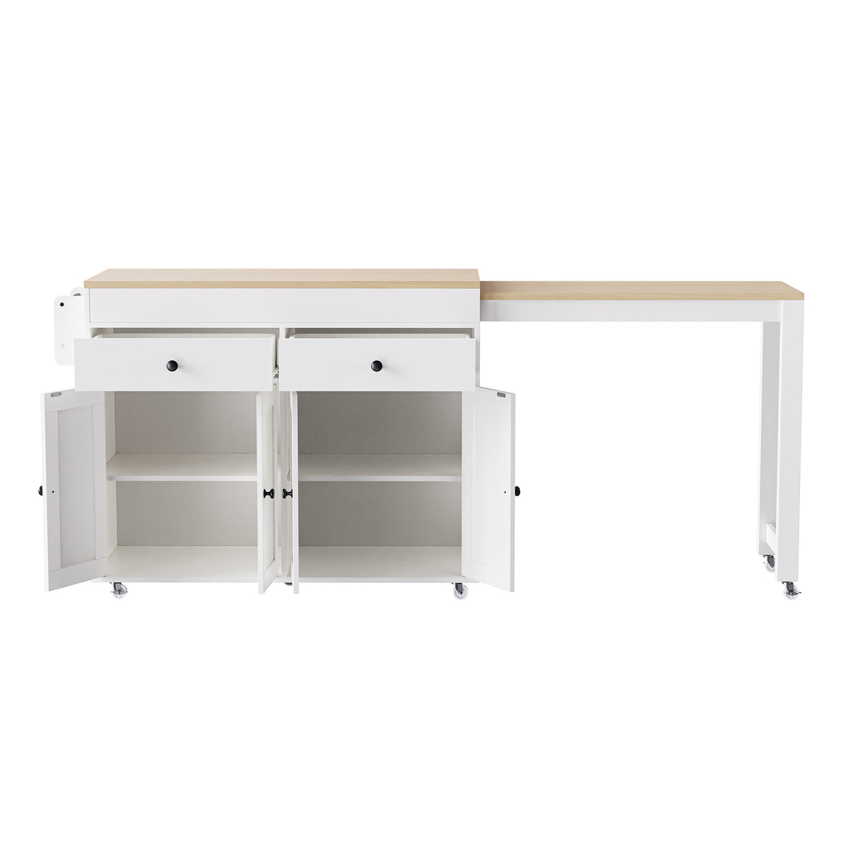 variant-group:rf-n707s000009w|Roomfitters 74.5" Kitchen Island with Extendable Table, Rolling Cart with Spice Rack, Storage Cabinet, White