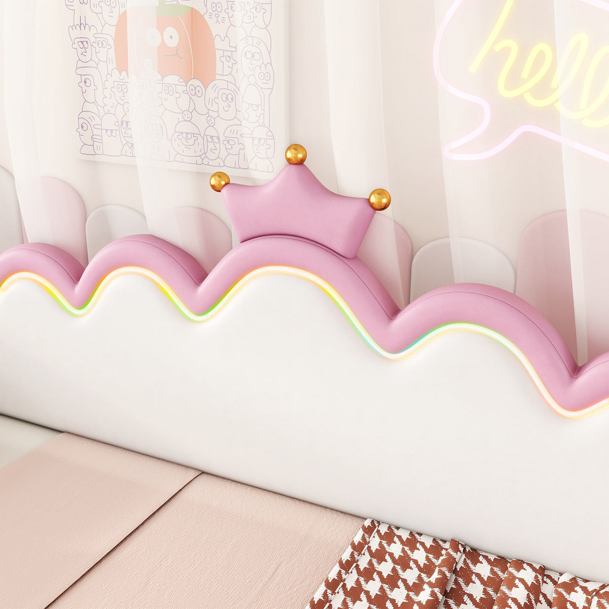 variant-group:rf-n733hl000104aah|Roomfitters Twin Extending Daybed with Lights, Modern Upholstered Princess Daybed Featuring Crown Headboard, Elegant and Practical Design, Pink