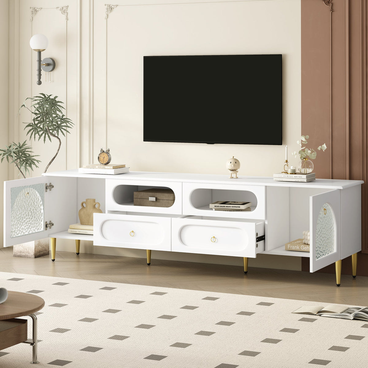 Roomfitters Retro TV Stand for up to 85 Inch TV, Media Console Cabinet with Drawers, Cabinets and Metal Legs, White Roomfitters
